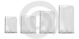 Folding top food bag packaging vector mock-up set. White blank pouch package mockup kit