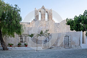 Folegandros island, Old church at Chora town square. Greece, Cyclades