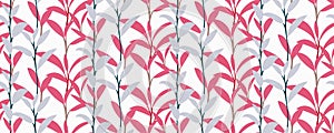 Foliage seamless pattern. Bright pink fuchsia leaves of tropical plants on a white background.