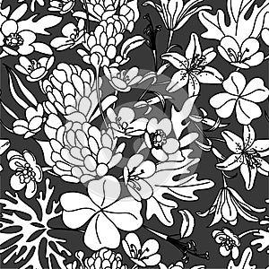 049_Seamless pattern. Flowering wildflowers. Linear vector background