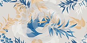 Foliage seamless pattern, various leaves in blue, brown and white on bright grey