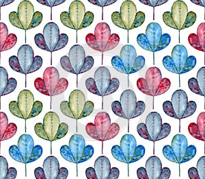 Foliage seamless pattern. Watercolor grey, blue, green and red leaves.