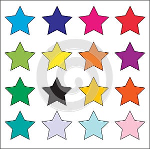 16 bright vibrant solid colored star vector icon set on white background. Education, exciting, birthday concepts.