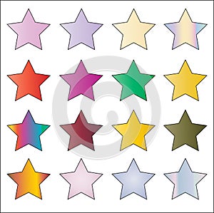 16 gradient vibrant solid colored star vector icon set on white background.