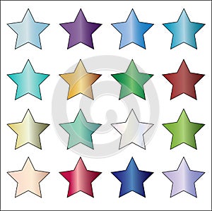 16 gem vibrant solid colored star vector icon set on white background.