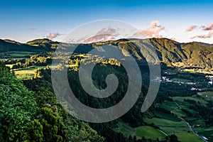 Foliage and typical vegetation on a hill with mountains at sunset in Furnas, SÃ£o Miguel - Azores PORTUGAL