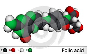 Folic acid, folate molecule. It is known as vitamin B9. Molecular model