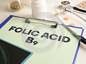 Folic acid or vitamin b9 is shown using the text and photo of pills
