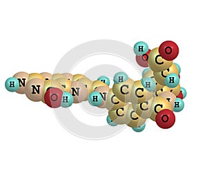 Folic acid (vitamin M, vitamin B9) molecular structure on white background
