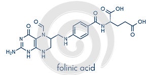 Folinic acid leucovorin drug molecule. Used as adjuvant during cancer chemotherapy with methotrexate. Skeletal formula.