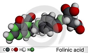 Folinic acid, leucovorin molecule. It is folate analog, used to treat colorectal cancer, pancreatic cancer. Molecular model. 3D