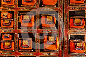 Folios of old manuscripts in library of Thiksey Monastery. Ladakh, India