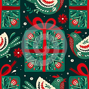 Folk Art Bird and Gift Box Ethnic Holiday Christmas Vector Seamless Pattern