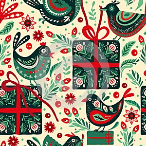 Folk Art Bird and Gift Box Ethnic Holiday Christmas Vector Seamless Pattern
