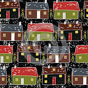 Folk Art Christmas Village Vector Pattern