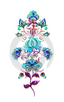 Folk art flowers. Watercolor fairy motif for Eastern european hand crafted floral ornament