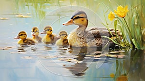 Folk Art Illustration: Playful Duck Family In Tran Nguyen Style