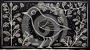Folk Art Inspired Bird Lino Print On Leafy Background