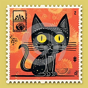 Folk Art-inspired Black Cat On Yellow Postage Stamp