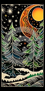 Folk Art-inspired Cypress Forest With Moon And Sun Illustration