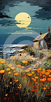 Folk Art Oil Painting Giclee Print: Coastal House With Thatched Roof And Alien World