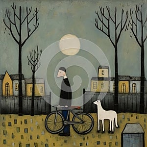 Folk Art Painting Of Man And Dog On Bicycle Under Moon