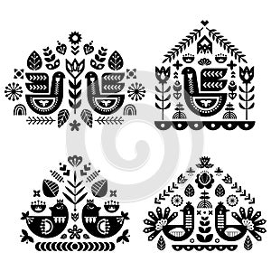 Folk art pattern collection with four single pattern. Monochrome decorative composition.