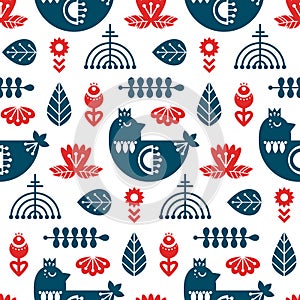 Folk art seamless pattern with bird and floral elements. photo