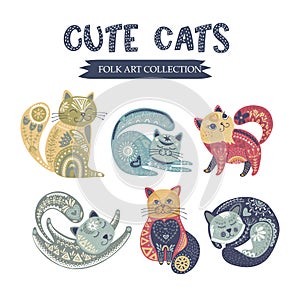 Folk art vector cat set. photo