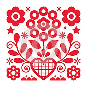 Folk art vector design with flowers and heart from Nowy Sacz in Poland inspired by traditional highlanders embroidery Lachy Sadeck