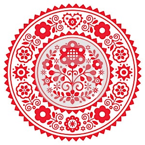 Folk art vector mandala design with flowers with frame inspired by old traditional Polish embroidery Lachy Sadeckie - bohemian pat