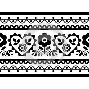 Folk art vector seamless embroidery long black and white pattern with flowers inspired by traditional Polish designs Lachy Sadecki