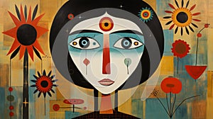 Folk Art Woman: Smiling Expression In Feminine Surrealist Style