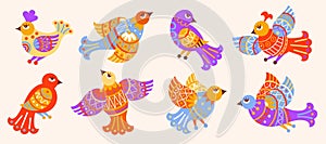 Folk birds set. Retro doodle art, flat ornament trendy decor for ethnic embroidery, norway various wings. Scandinavian