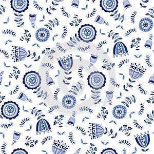 Folk Blue Flowers on White Background Vector Seamless Pattern. Delft Florals. Hand-drawn doodle monochrome flora.