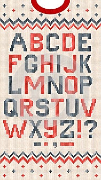 Folk Christmas Font Scandinavian style knitted letters alphabet seamless pattern