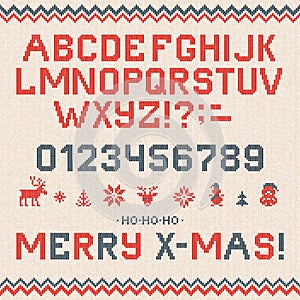 Folk Christmas Font Scandinavian style knitted letters alphabet seamless pattern