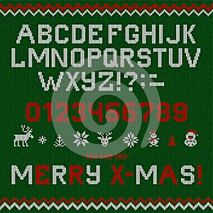 Folk Christmas Font Scandinavian style knitted letters alphabet seamless pattern