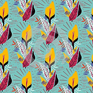 Folk cute flash style tropical exotic flower and plant leaves summer seamless pattern. Retro aesthetic boho background.