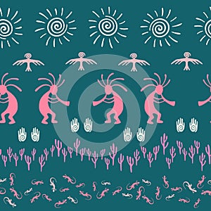 Folk, design with gecko, Kokopelli fertility god, sun, bird, cacti.