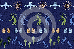 Folk, design with gecko, Kokopelli fertility god, sun, bird, cacti.