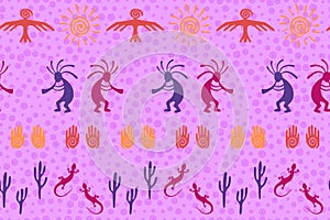 Folk, design with lizard, Kokopelli fertility deity, sun, eagle, cacti.