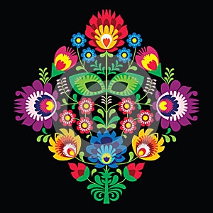 Folk embroidery with flowers - traditional polish pattern on black background