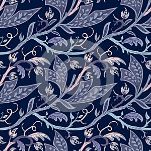 Folk fancy leaves and branches pattern. Seamless floral art nouveau texture with oriental motive