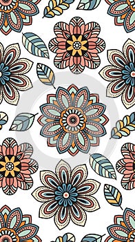 Folk flowers and leaves seamless pattern