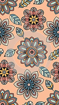 Folk flowers and leaves seamless pattern