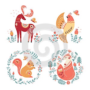 Folk forest vector animals flowers Scandinavian floral