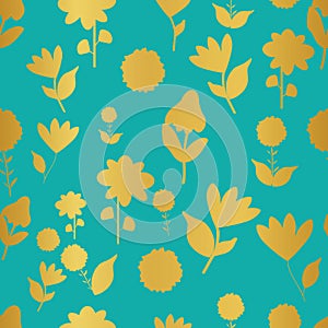 Folk gold flowers on acqua background seameless repeat.