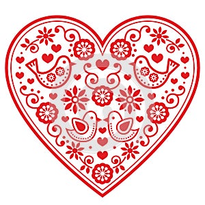 Folk heart pattern with flowers and birds - Valentine`s Day, wedding, birthday greeting card