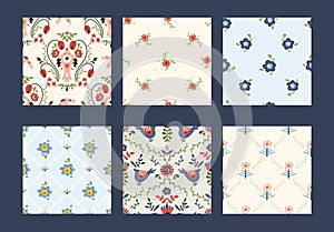 Folk hygge floral seamless pattern set- birds, branches, flowers and leaves scandinavian nordic style, botanical